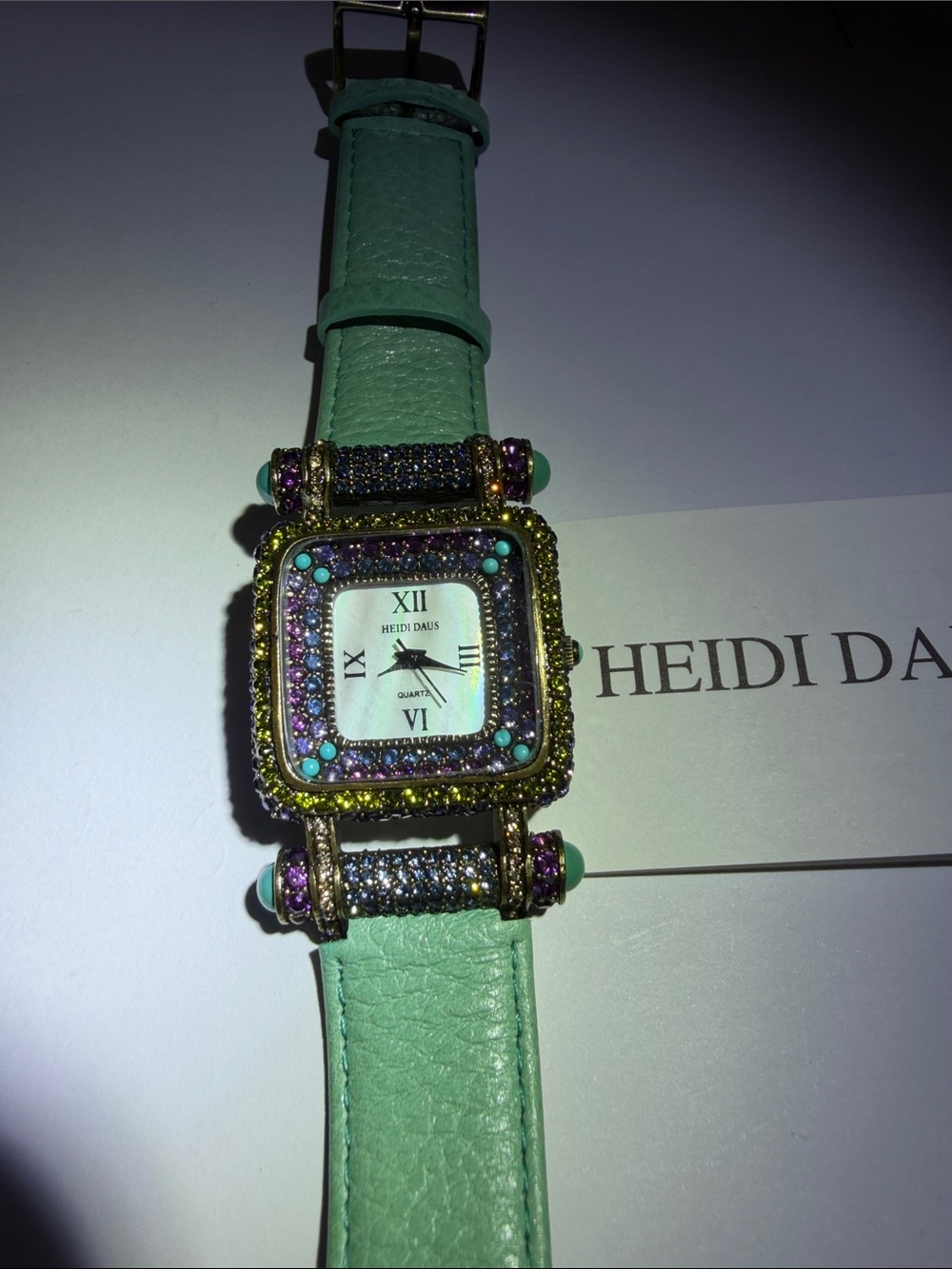 Heidi Daus Mint Green Leather Strap Crystal-Embellished Square Watch